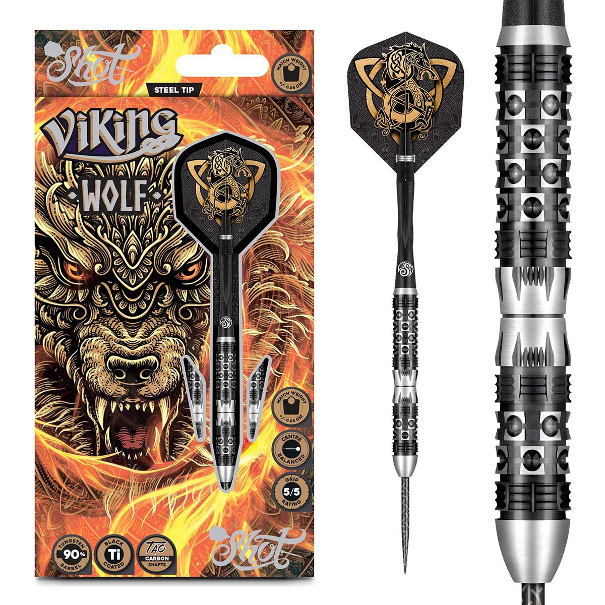 Shot Viking Wolf Steel Tip Dart Set-90% Tungsten Barrels-23gm