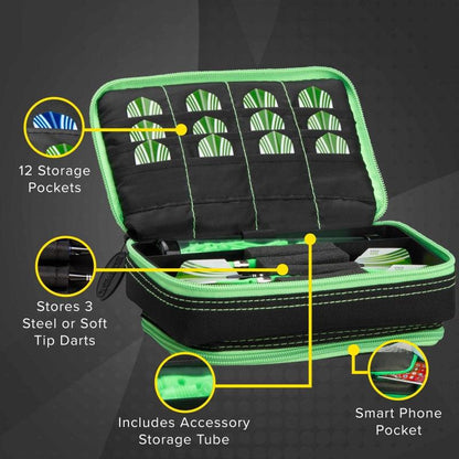 Casemaster Plazma Plus Dart Case Black with Green Trim and Phone Pocket Dart Case