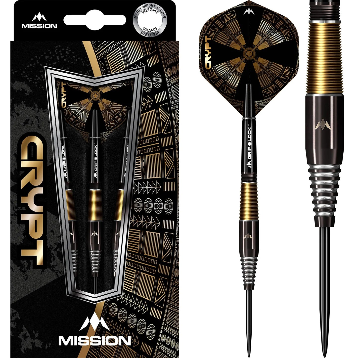 Mission Crypt Darts - Steel Tip 23 gram - M2 - Black & Gold 90% Tungsten