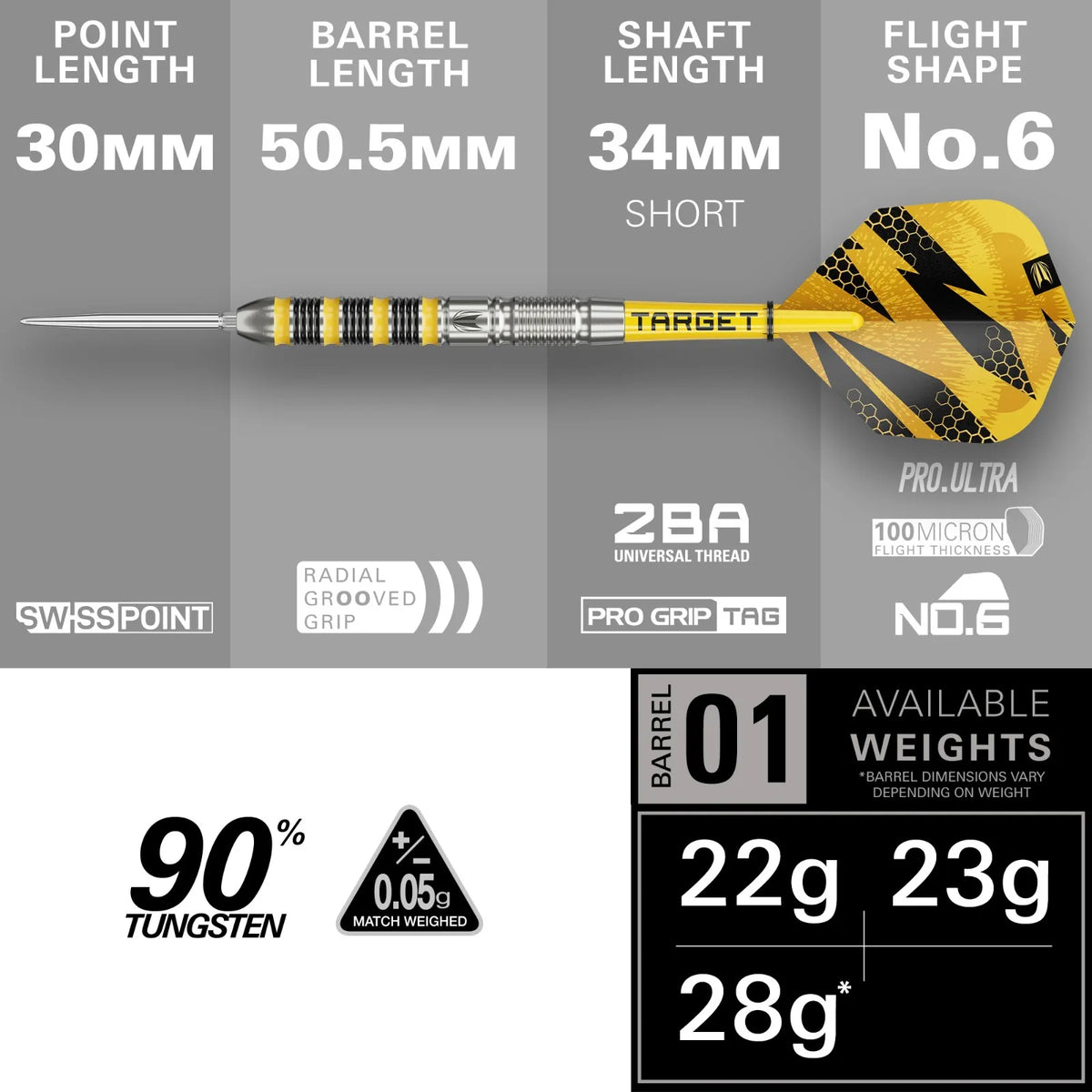 Target Buzz 01 Swiss Point Steel Tip Darts 90% Tungsten 23g