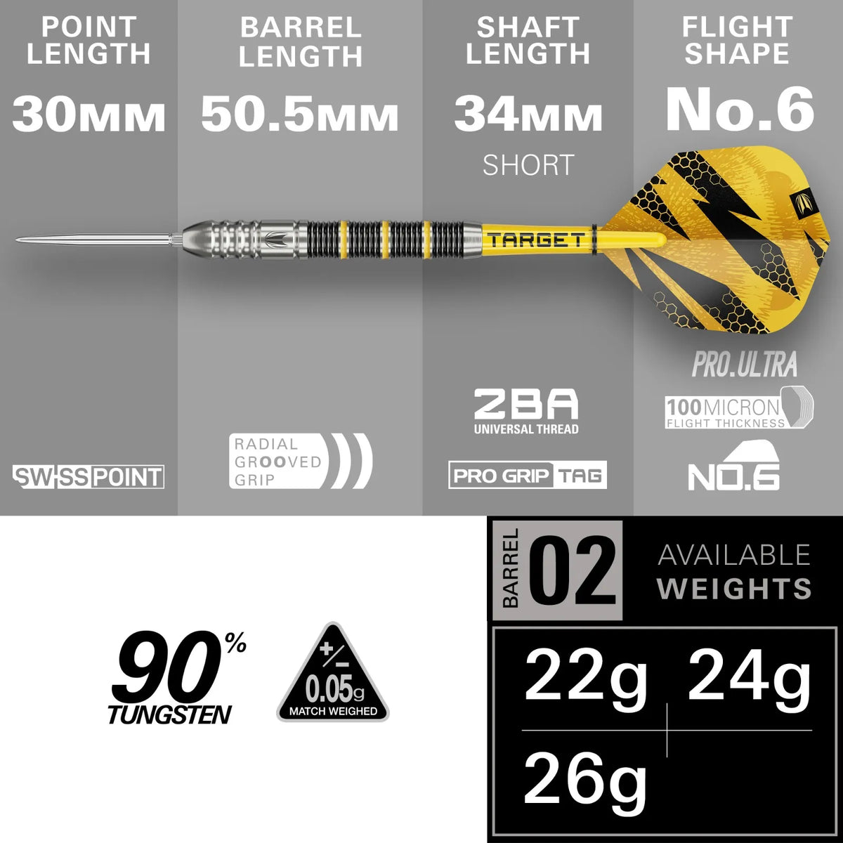 Target Buzz 02 Swiss Point Steel Tip Darts 90% Tungsten 26g