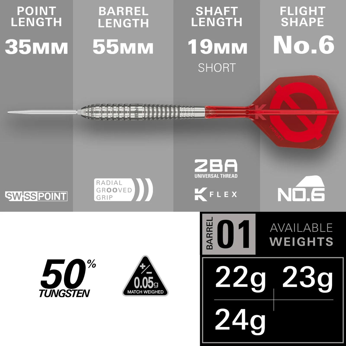 Target Group Ø 01 Swiss Point Steel Tip Darts 90% Tungsten 24g