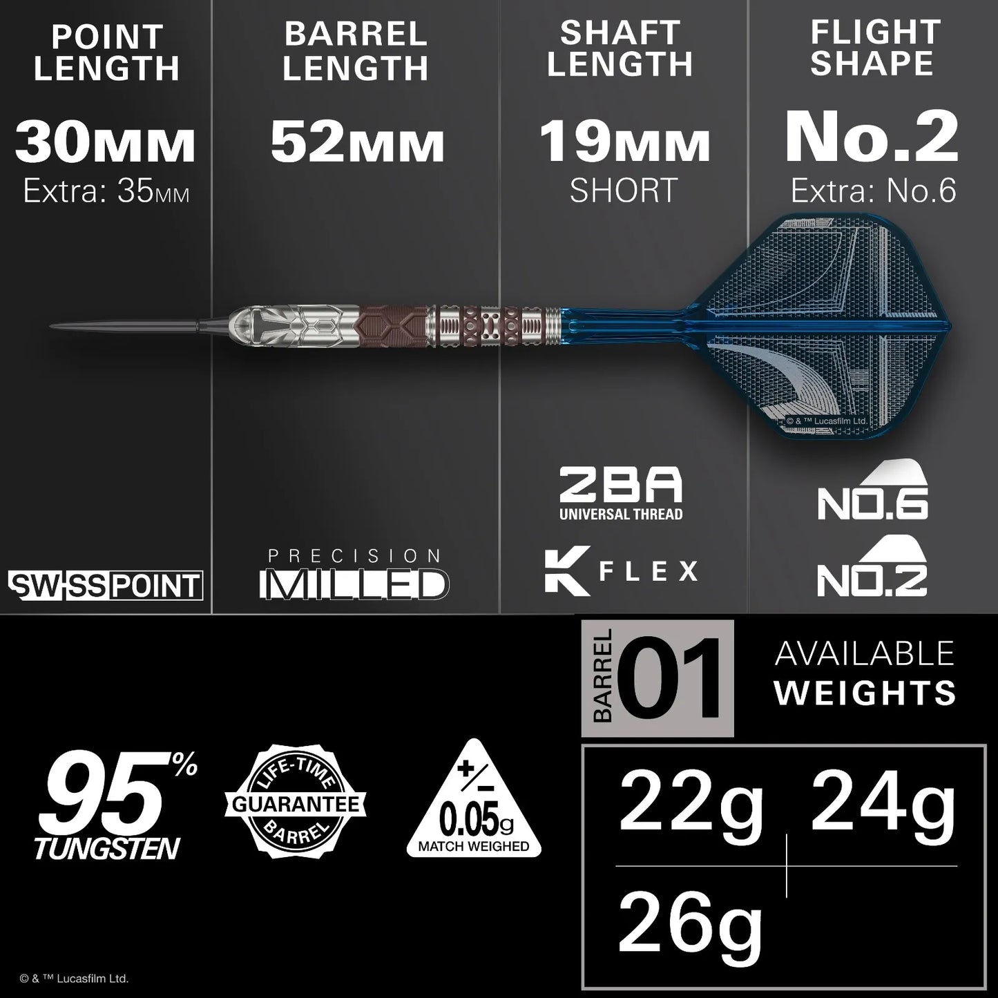Target Star Wars Mandalorian Swiss Point 95% Tungsten Steel Tip Darts - 22g