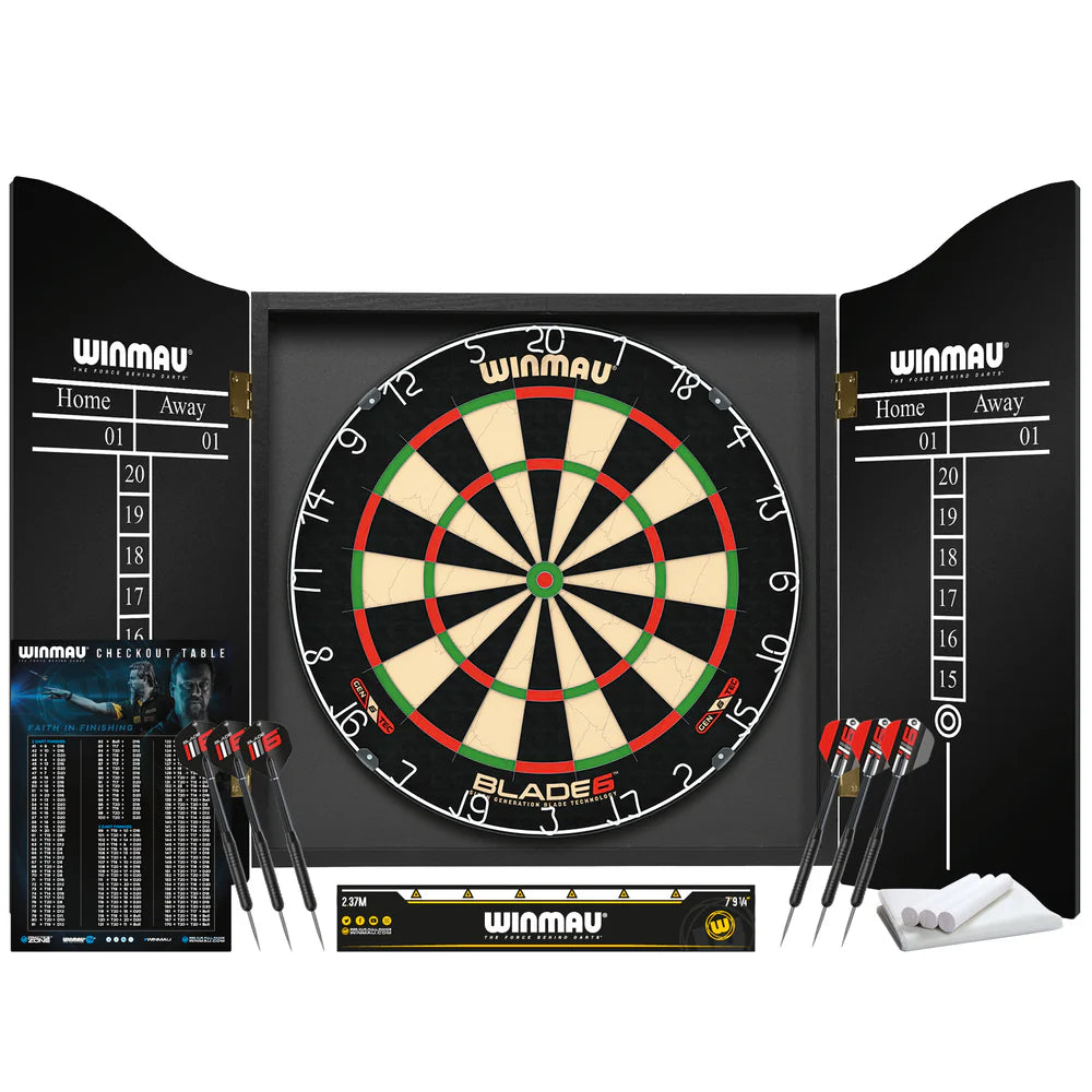 Winmau Blade 6 Dartboard Cabinet Set - Mack Darts Exclusive - Black / Includes Blade 6 Dartboard / 2 Sets of Darts; Official Oche throw line;
